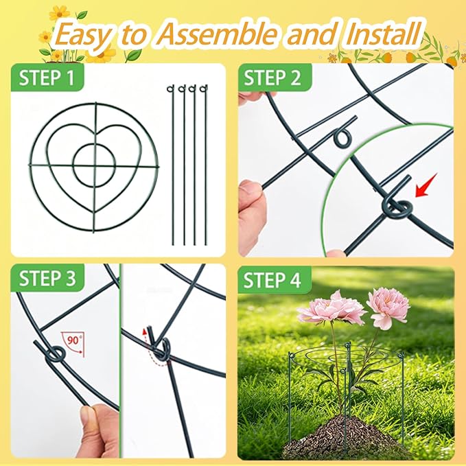 (3 Sets) Peony Cages and Supports, 16" Diameter, 4 x 24 Inches Legs, Heavy Duty Rust-Proof Grow Through Plant Support for Outdoor Flower Plants, Metal Grid Ring Hoop for Peonies, Roses, Orchids