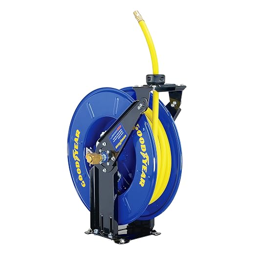 GOODYEAR Air Hose Reel Retractable 3/8" Inch x 50' Feet Long Premium Commercial SBR Hose Max 300 Psi Reinforced Steel Construction Heavy Duty Spring Driven Industrial Dual Arm & Pedestal