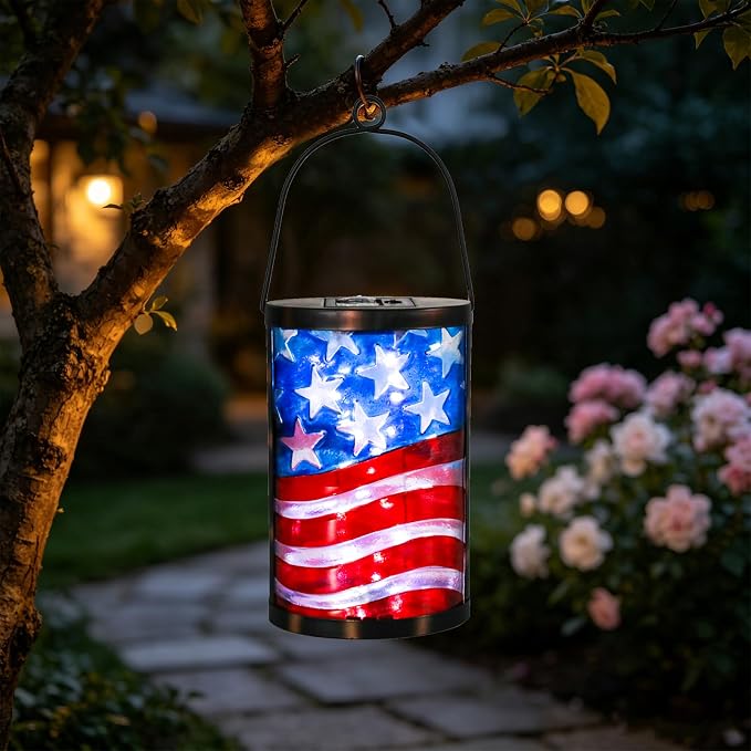 Hanging Solar Lantern Outdoor Decorative Waterproof LED Solar American Flag Lights Tabletop Lamp for Outdoor Patio Garden