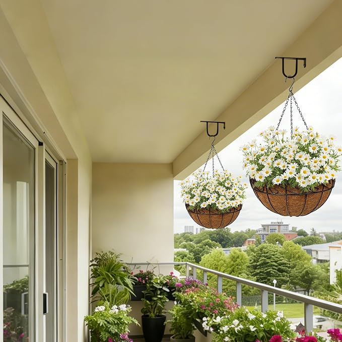 4 Pack 14 inch Metal Hanging Baskets for Plants, Round Metal Wire Hanging Basket Planter with Coco Fiber Liners Chain for Garden Home Porch Patio, Flower Border