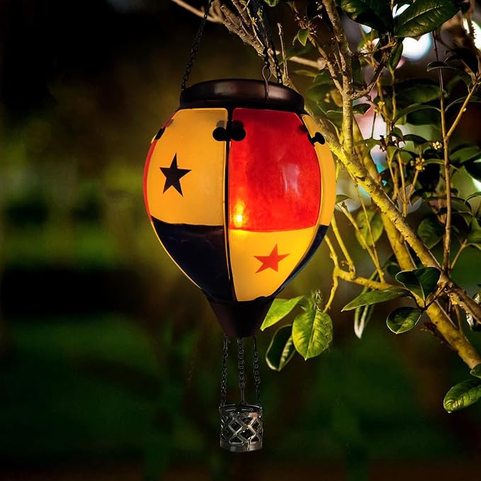 Glass Solar Hot Air Balloon Lantern with Flame Hanging Garden Flickering Light Outdoor Waterproof for Yard Patio Tree 4th of July Decorations, Flag-B