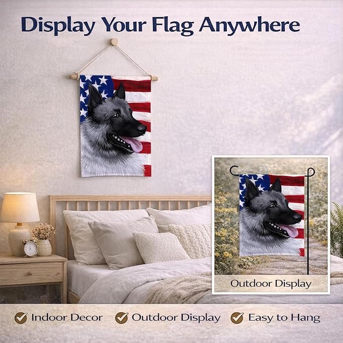 Caroline's Treasures CK6631GF Norwegian Elkhound Dog American Flag Garden Flag Mailbox Flag Decorative Yard Flag Banner Outside Patio Artwork Yard Flower Beds, Garden Size, Multicolor
