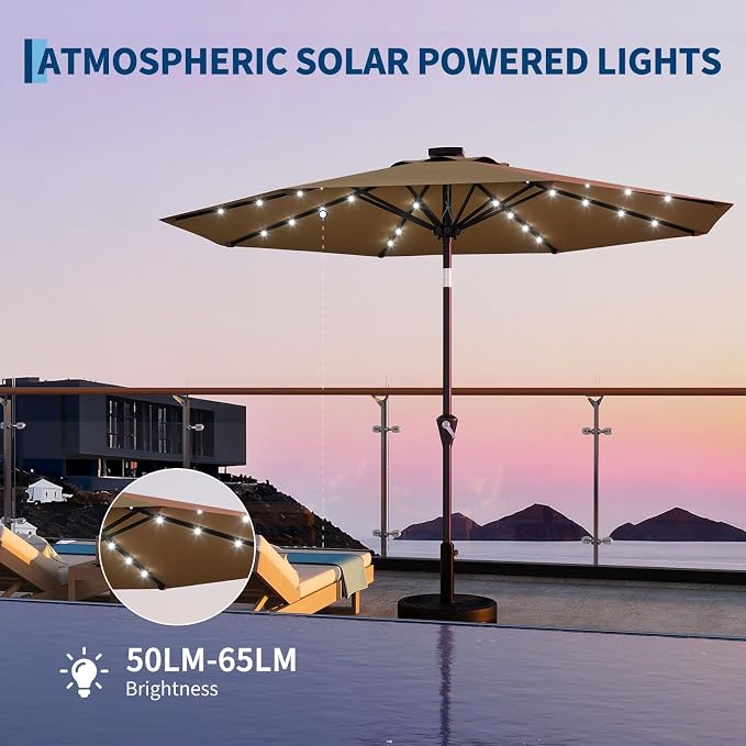 Garvee 10FT Solar Patio Umbrella with 32 LED Lights - Outdoor Table Umbrella with Crank Lift, Push Button Tilt and 8 Sturdy Ribs - Market Umbrella UV Protection for Pool, Deck, Yard, Garden -Tan