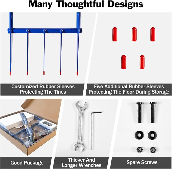 56'' Heavy Duty Broadfork for All the Soils, Unbreakable Design Pitchfork, 5 Sharp and Cambered 11'' Tines Bord Fork Garden Tool, Ergonomic Handles, Good Package, Easy Assembly, Blue.
