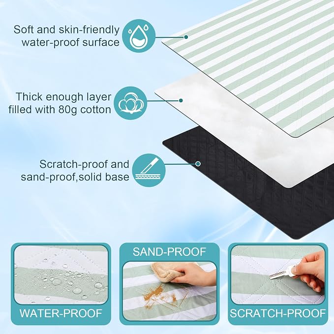 80" x 100" Extra Large Picnic Blankets Beach Mat Sandproof Waterproof Foldable Oxford Blanket Beach Mat Picnic Stuff for Family Camping Hiking Party Park Grass(Green and White,Stripe)