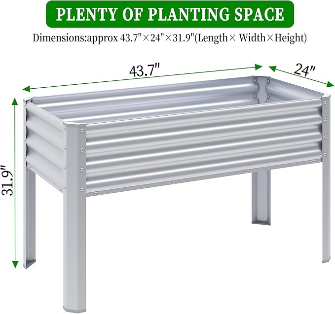 Galvanized Raised Garden Bed with Legs, 43×24×32in Large Metal Elevated Raised Planter Box with Drainage Holes for Backyard, Patio, Balcony, 400lb Capacity,Sliver