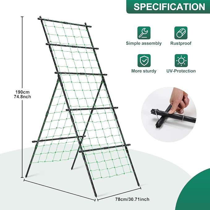 Cucumber Trellis A Frame Garden Trellis, Vertical Plant Support with Netting for Raised Bed Backyard Gardening, PE Coated Steel Climbing Trellis for Cucumbers Tomatoes Beans