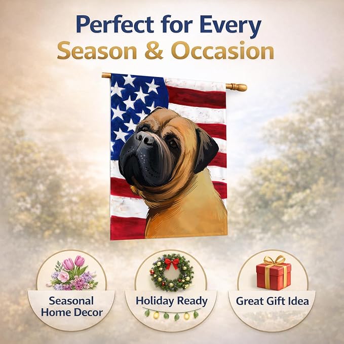 Caroline's Treasures CK6469CHF Bullmastiff Dog American Flag House Flag Large Porch Sleeve Pole Decorative Outside Yard Banner Artwork Wall Hanging, Polyester, House Size, Multicolor