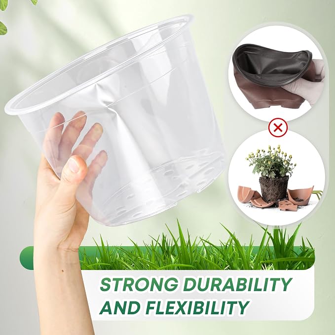 5 Pack 12 Inch Large Clear Nursery Pots with Drainage Hole, Plastic Plant Pots for Seedlings Flowers Vegetable, Indoor Outdoor Gardening, Used as Liners Inside Decorative Pots (12 Inch)