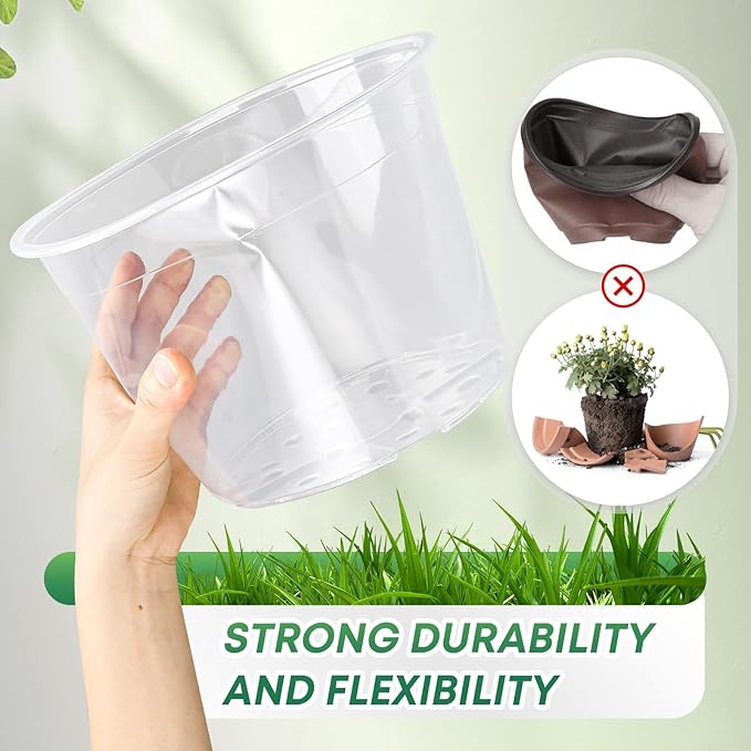 15 Pack 8/10/12 Inch Large Clear Nursery Pots with Drainage Hole, Plastic Plant Pots for Seedling Flower Vegetable, Indoor Outdoor Gardening, Used as Liner Inside Decorative Pot (8 10 12 inch)