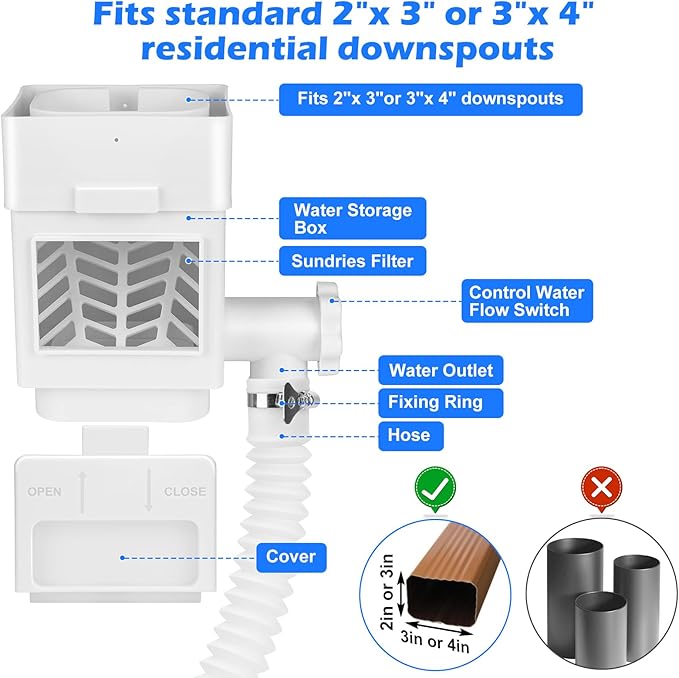 WADEO Rainwater Collection System, Downspout Diverter Fits for 2"x 3" or 3"x 4" Residential Downspouts, Rain Barrel Diverter Kit with Adjustable Valve and Filter, 5FT Hose, White, 2Pack