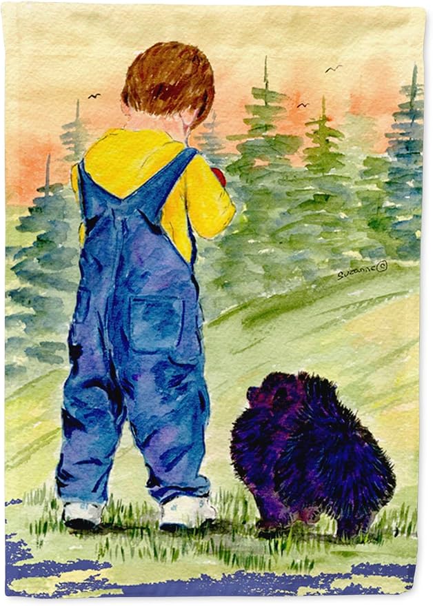 Caroline's Treasures SS8544GF Little Boy with his Pomeranian Garden Flag Mailbox Flag Decorative Yard Flag Banner Outside Patio Artwork Yard Flower Beds, Garden Size, Multicolor