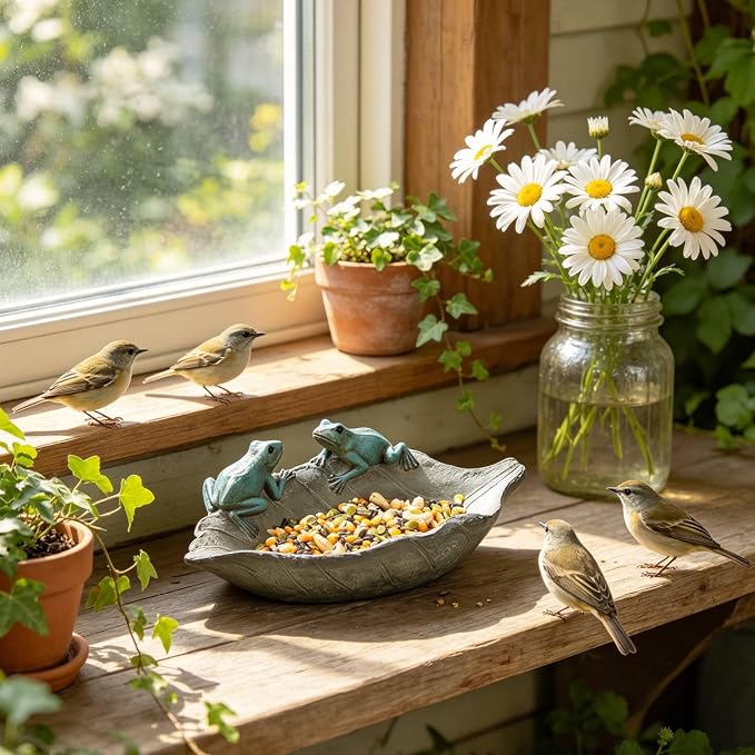 Bird-Feeder Wild Birdbath Bowl Outdoors - Garden Decor Birdfeeder for Outdoor Polyresin Frogs on Leaf Bath Bowl for Outside Yard Table Decor 12 x 7.25 x 3.5 inch Newman House Studio