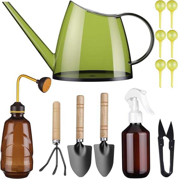 13 Pcs Indoor Plant Can Set, 1/2 Gallon Watering Can, 17 oz Squeeze Bottle, 6.8 oz Spray Bottle, 6 Self Watering Globes, Gardening Tool Kit with Pruning Scissors for Plants(Lemon Green)