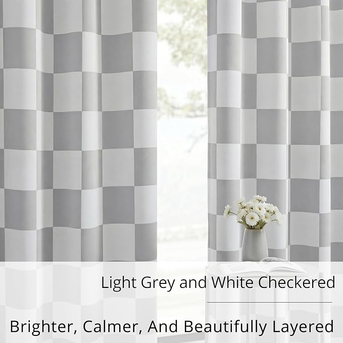 100% Blackout Checkered Curtains – 2 Panels, Each W52×L63, Thermal Insulated, Nosie Reducing for Bedroom, Modern Light Grey and White Checkerboard Design, Gray Checkered