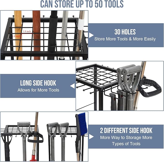 Garden Tool Organizer Holds 50 Long-Handled Tools/Rakes/Brooms/Shovles for Garage Organization and Storage, Shed, Outdoor, Lawn, Heavy-Duty Steel, Black, Easy Assembly (Corner Tool Organizer)