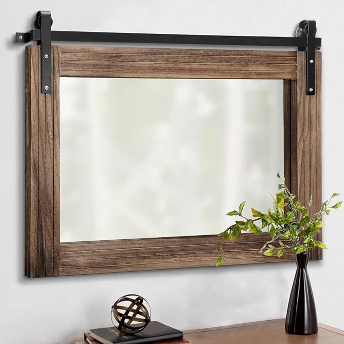 AAZZKANG Wood Mirror Rectangle Large Rustic Wall Mirror 18"x26" with Framed Bedroom Living Room Bathroom Hanging Mirror Horizontal
