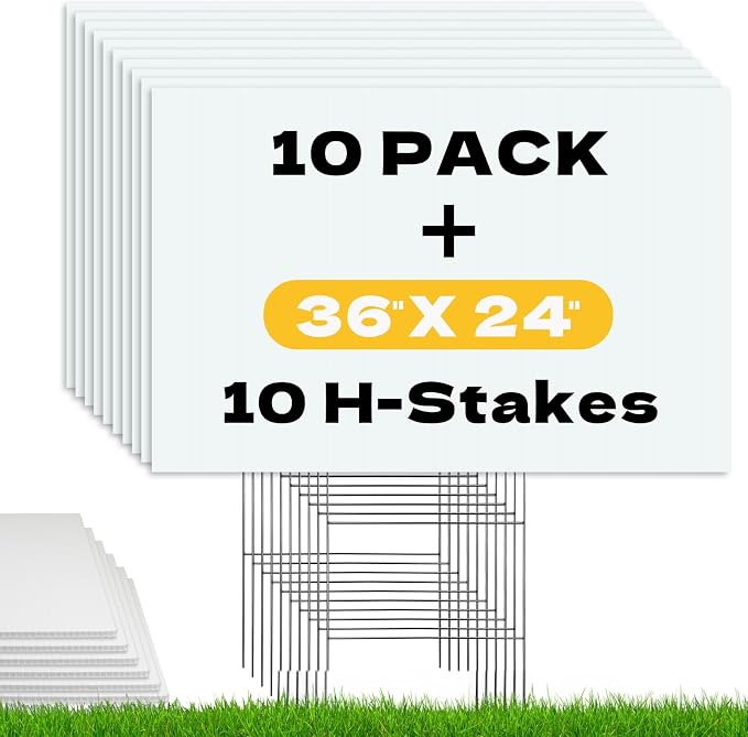 10 Pack Large Blank Yard Signs with Stakes 24x36 Inch, 4mm Thick Corrugated Plastic Lawn Sign Kit, White Poster Board with 10 Metal H-Stakes for Real Estate, Garage Sale, Birthday, Campaign