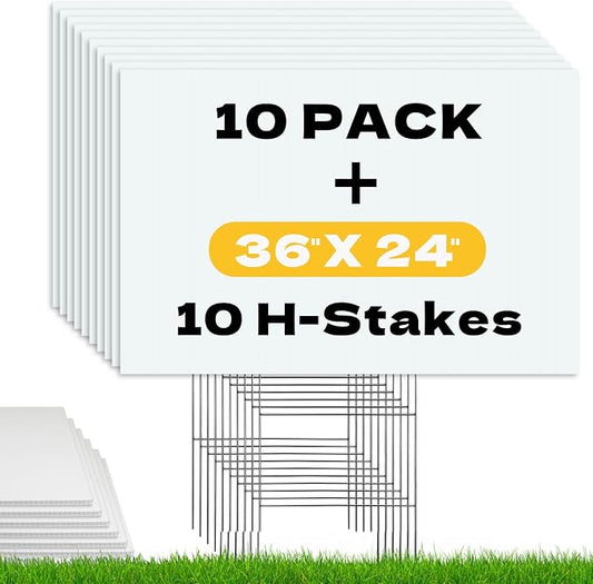 10 Pack Large Blank Yard Signs with Stakes 24x36 Inch, 4mm Thick Corrugated Plastic Lawn Sign Kit, White Poster Board with 10 Metal H-Stakes for Real Estate, Garage Sale, Birthday, Campaign