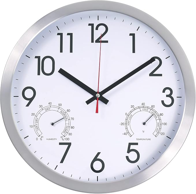 14Inch Wall Clock Battery Operated Aluminum Frame Wall Clocks, Silent Wall Clocks with Temperature & Humidity, Decorative for Home Housewarming Living Room