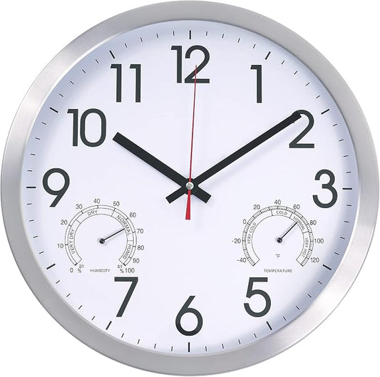 14Inch Wall Clock Battery Operated Aluminum Frame Wall Clocks, Silent Wall Clocks with Temperature & Humidity, Decorative for Home Housewarming Living Room