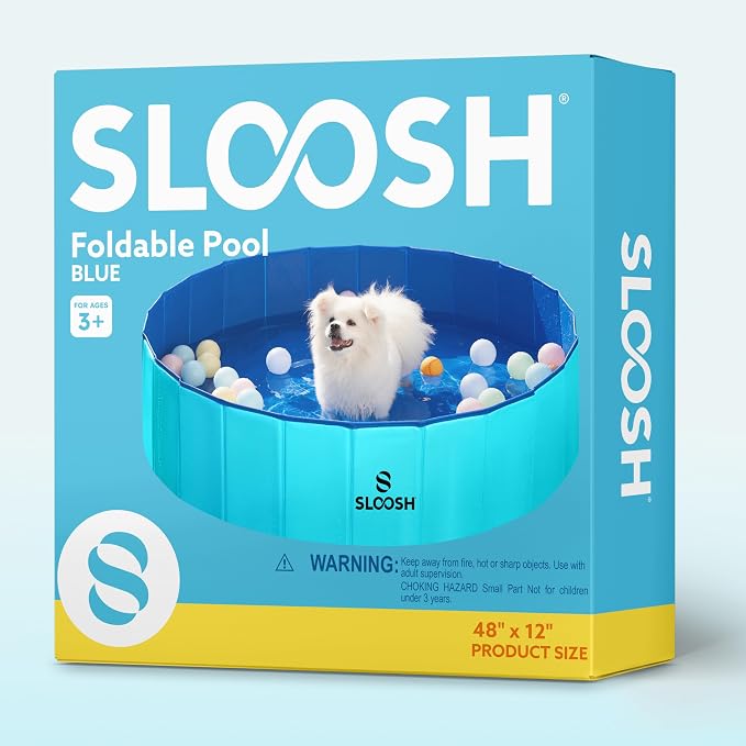SLOOSH Foldable Dog Kiddie Pool - Portable Hard Plastic Doggie Swimming Pool, Anti-Slip Collapsible Pets Bath Tub Suitable for Kids Indoor Outdoor Backyard Use (Blue, 48" x 12")