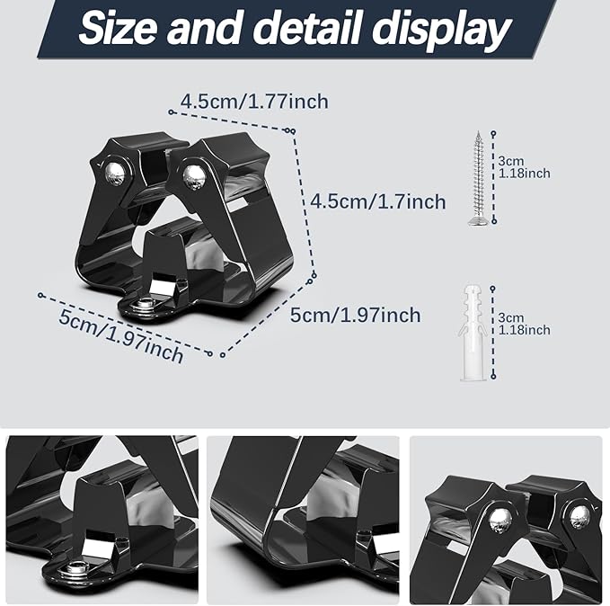 3-H Broom Holder Wall Mount 50 Pack, Heavy Duty Stainless Steel Mop and Broom Organizer Clips, Strong Grip Wall Mount Holders for Garage, Garden, Laundry Room & Utility Closet, Black