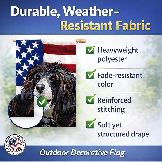 Caroline's Treasures CK6679CHF Russian Spaniel Dog American Flag House Flag Large Porch Sleeve Pole Decorative Outside Yard Banner Artwork Wall Hanging, Polyester, House Size, Multicolor