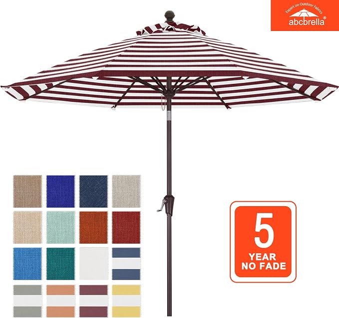 ABCCANOPY OLEFIN® 5-Year No Fading 9FT Patio Umbrella, Outdoor Table Umbrella with 8 Sturdy Ribs for Deck, Backyard, Yard (Burgundy Stripe)