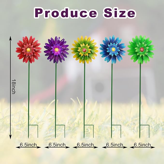 Metal Flower Wind Spinner Garden Stake Yard Art, Lawn Windmill Ornaments | WEIBEFEE; 5 Pieces;Lawn Ornament; 27 Inch Windmill Outdoor; Fade-resistant; Great gift choice; Decoration Gift