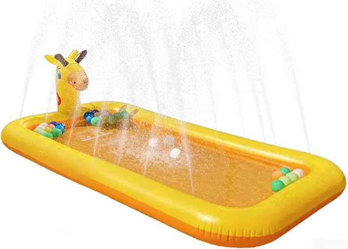4-in-1 Inflatable Giraffe Kids Pool, 5.5FT Heavy-Duty Toddler Wading Pool, Sprinkler Splash Pad, Ball Pit, Outdoor Party Serving Bar Ice Cooler for Ages 1-3, Small Dogs