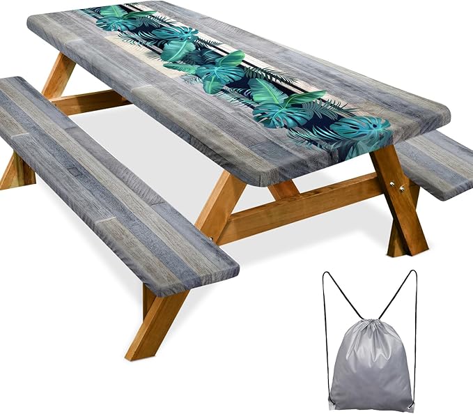 Play Tailor Picnic Table Cover with Bench Covers Camping Essentials Waterproof Windproof Camping Tablecloth with Drawstring Bag, Fitted Rectangle Tables and Seats, 72in, Palm Leaf