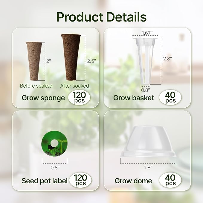 SUNCOZE 320pcs Hydroponic Pods, Accessories Compatible Other Hydroponics Growing Systems, Gardening Supplies Garden Pods Include 120 Grow Sponges, 40 Grow Baskets, 40 Domes, 120 Labels