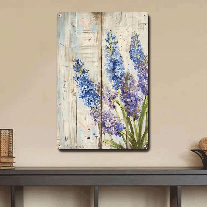 Metal Sign Tin Sign Vintage Wall Art Rustic Spring Hyacinths Tin Sign for Easy Installation Weather Resistant Design and Vintage Charm Tin Sign Gift for Bar 8×12 Inches