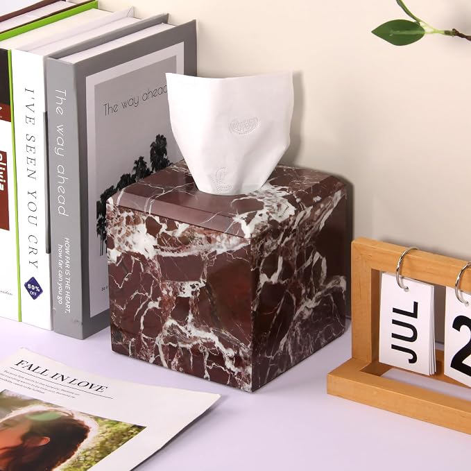 Natural Marble Square Tissue Box Cover ,Stone Modern Decorative Sturdy Napkin Box Holder Case,Facial Paper Organizer for Bathroom Vanity Toilet Countertop,Kitchen (1, Rosso Lepanto, 5.71*5.71*5.51)