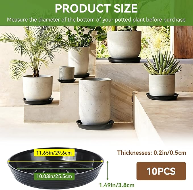10Pack Plant Saucer 10 inch, Heavy Duty Flower Pot Saucers, Plant Pot Saucers Bulk, 1.5'' Deeper Plant Trays for Pots Durable Drip Trays for Potted Plants, Plant Saucers for Outdoors and Indoors