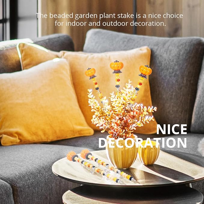 Prefdo DIY Fairy Wand Garden Stake - Autumn Pumpkin 4-Pack | 4 Toppers, 4 Rods, 80 Beads, 12 Silver Pendants. Outdoor Décor for Halloween Fall Christmas. DIY fairy wand or plant stake.