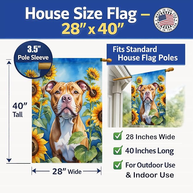 Caroline's Treasures DAC6133CHF Pit Bull Terrier in Sunflowers House Flag Large Porch Sleeve Pole Decorative Outside Yard Banner Artwork Wall Hanging, Polyester, House Size, Multicolor