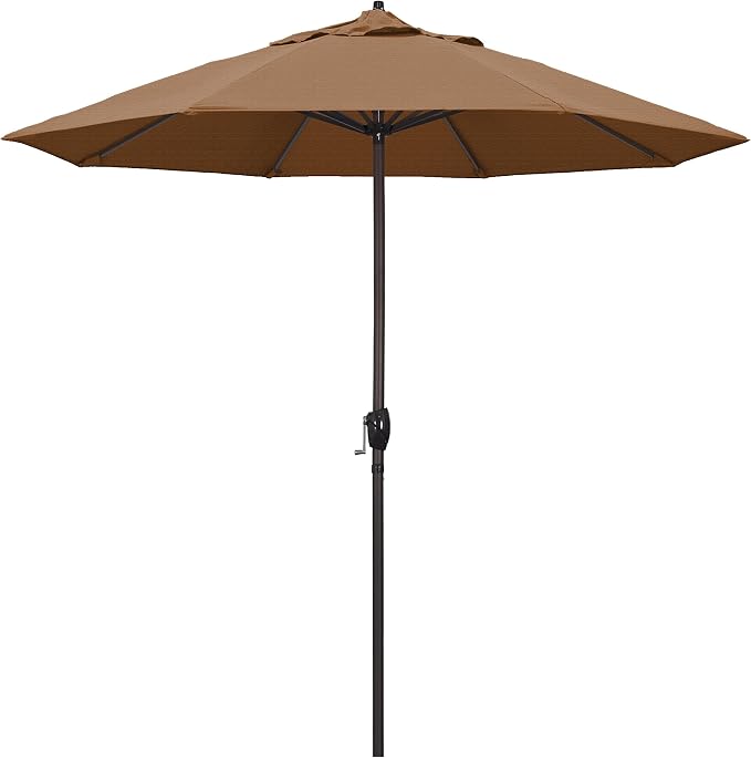 California Umbrella 9' Round Aluminum Outdoor Deck, Pool or Patio Umbrella, Crank Lift, Auto Tilt, Bronze Pole, Teak Olefin