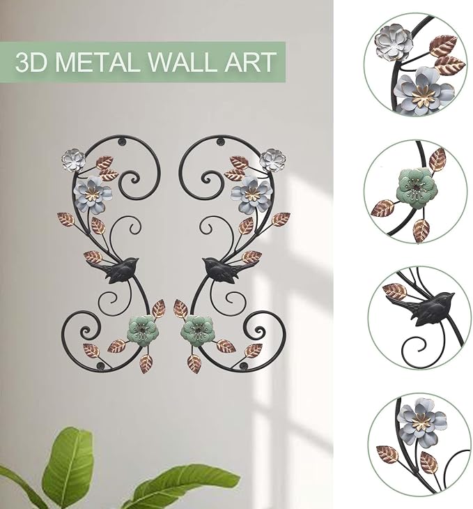 Birminwind 3D Metal Flower Wall Art: 2pcs Vintage Floral Wall Décor with Leaves Bird for Room - 15.16" Black and Gold Iron Decoration Indoor Outdoor