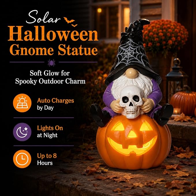 Solar Halloween Gnome Statue Outdoor Decor Lighted Pumpkin Garden Figurine | Halloween Yard Decoration for Patio Lawn Entryway Solar Gnome Statue Outdoor Decor Lighted Pumpkin Skull Garden Figurine