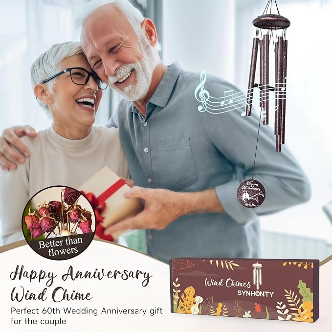 Anniversary Wind Chimes Gifts for Men Women, Happy Anniversary Decorations, 25" Wind Chimes Romantic Gift for Couple, Parents, Wife, Husband, Friends (60th