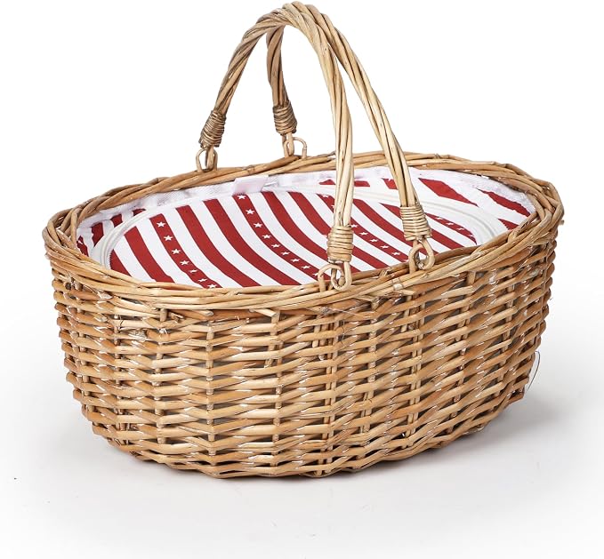 Wicker Picnic Basket with Insulated Lined Bag 15“ x 11” x 7“ Red, White Star Stripe Pattern, Iced Beer Insulated Bag for Camping, Picnics, Birthday Gifts, Wedding Gifts