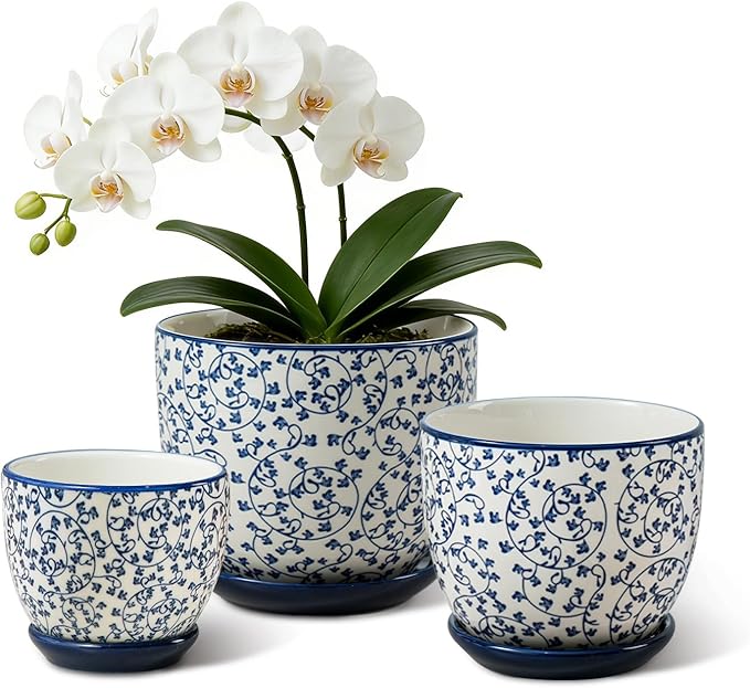 Ceramic Plant Pots - 3.5"+4.5"+5.6" Flower Pots with Drainage Holes and Saucers - Planters for Indoor Plants Orchid, Cactus, Herbs, Succulent, Home Office, Set of 3, Vintage Blue, Scroll