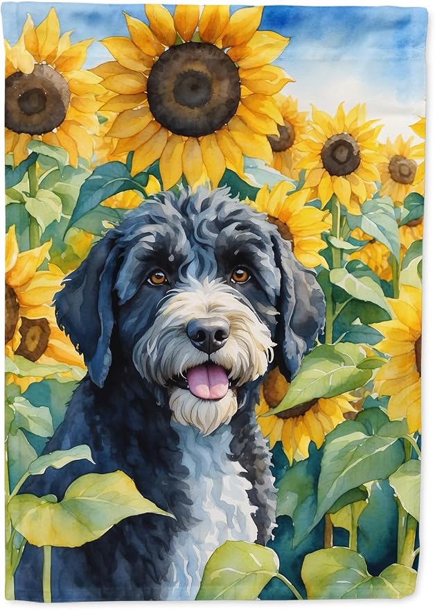 Caroline's Treasures DAC6143CHF Portuguese Water Dog in Sunflowers House Flag Large Porch Sleeve Pole Decorative Outside Yard Banner Artwork Wall Hanging, Polyester, House Size, Multicolor
