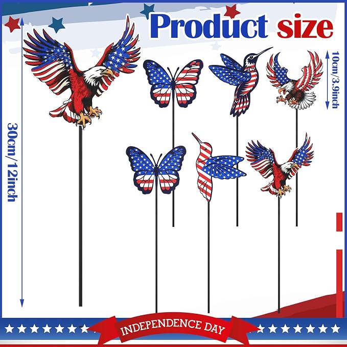 Pickmesh 6 Pcs 12" H 4th of July Outdoor Decor Patriotic Yard Decor Red White Blue Garden Stake Metal Yard Sign 250th Anniversary USA Flag Eagle American for Outdoor Independence Day Decoration