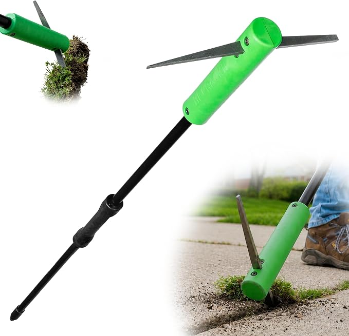 BICRACKIE Stand-Up Crack Weeding Tool with 60" Steel Pole; Steel Blade with 2-Sized, 5" Tapered Ends for Driveways, Patios, Sidewalks, Pavers to Remove Weeds Easily; Made in USA