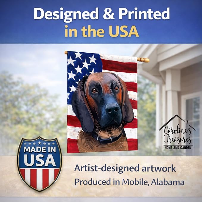 Caroline's Treasures CK6557CHF Hanover Hound Dog American Flag House Flag Large Porch Sleeve Pole Decorative Outside Yard Banner Artwork Wall Hanging, Polyester, House Size, Multicolor