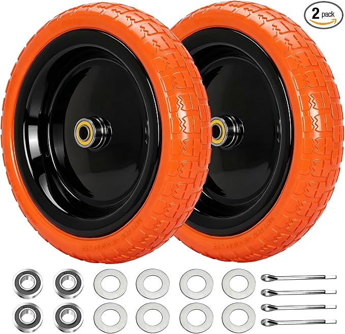 13" Flat Free Wheels Replacement for GOR Garden Cart Tires, 4.00-6 Solid Tires with 5/8"Bearings, 13" No Flat Wheels for GOR Garden Carts/Hand Trucks/Garden Carts（Orange）