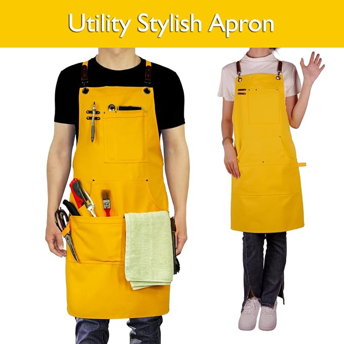 Kitchen Apron, Work Apron, Canvas Apron, Yellow | Multiple Pockets, Gardening, Painting, BBQ, Artist, Carpenter, Sizes M to XXL